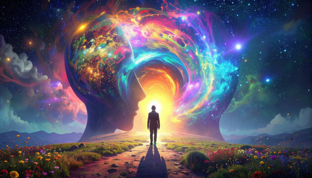 Silhouette figure walking towards vibrant cosmic mindscape, symbolizing inner exploration and universal consciousness.