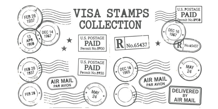 Set of vintage visa stamps and postal cancellation marks for mail and travel documents