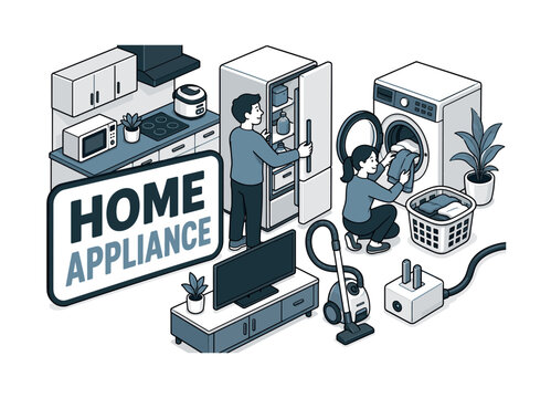 Home Appliance Series banner showing two homeowners around an oversized refrigerator and giant washing machine, vacuum cleaner, TV screen, kitchen counter, appliance plug, and laundry basket filling