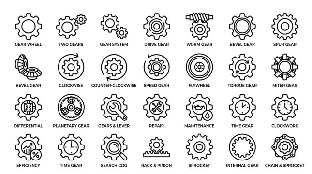 Various gear icons and mechanical system representations including gear wheel, two gears, gear system, drive gear, worm gear, bevel gear, spur gear, flywheel, torque gear