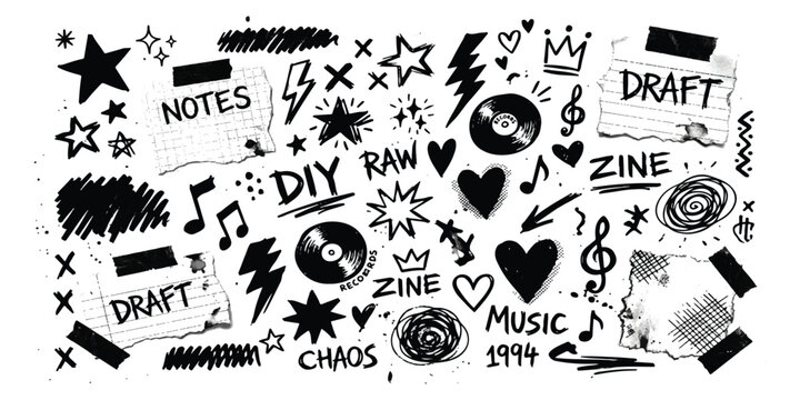 Set of hand drawn doodle music and zine elements with stars hearts and messy ink sketches