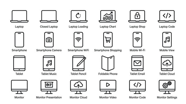 Versatile digital device and technology icon pack including laptop computer smartphone mobile tablet monitor screen icons with various utility states like loading code cloud wifi.