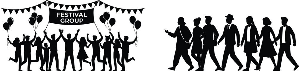 Obraz premium Black silhouettes of people celebrating festival and walking
