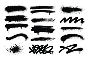 Black spray paint texture brushes and graffiti drip elements with graffiti splatter abstract isolated distressed handwritten spraypaint creative backdrop background © Romzain
