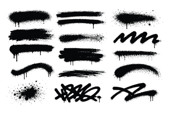 Black spray paint texture brushes and graffiti drip elements with graffiti splatter abstract isolated distressed handwritten spraypaint creative backdrop background