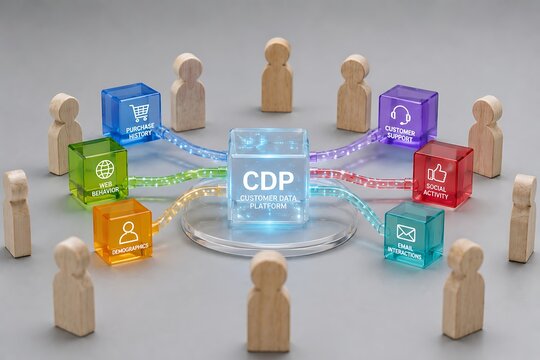 Customer data platform cdp concept with data sources and wooden figures representing customers