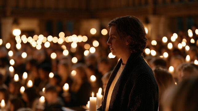 Christmas Eve candlelight service inside a packed historic church, hundreds of small flames held aloft in the darkness as a children choir sings, warm light flickering across