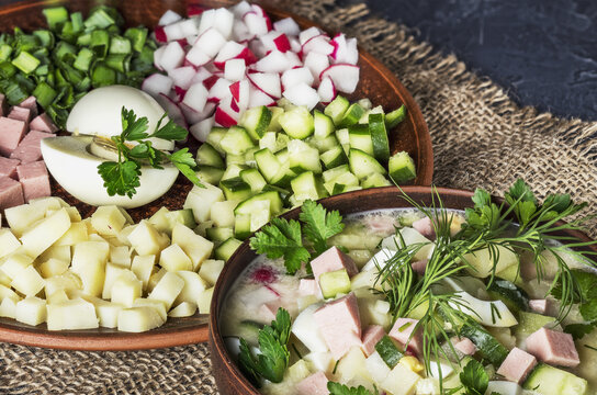 Okroshka is a homemade cold summer soup with radish, cucumber and dill.