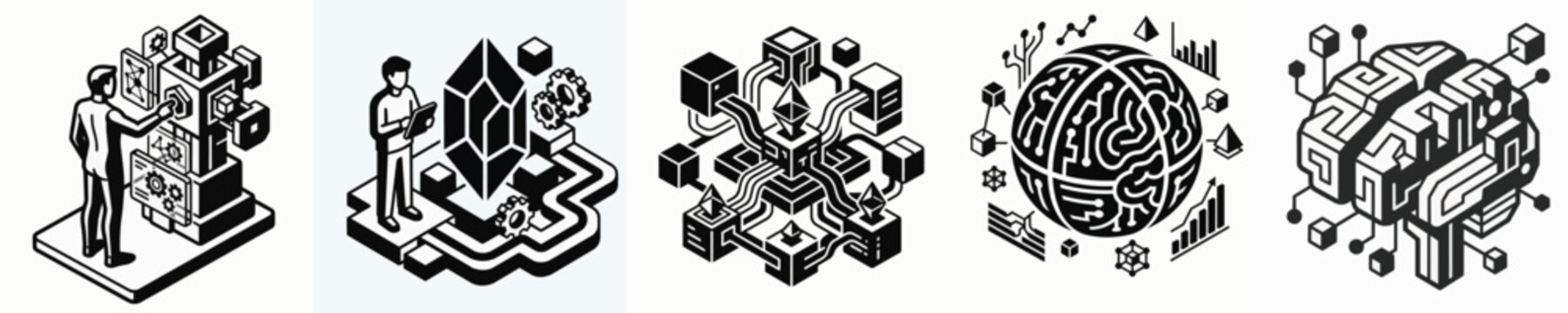 A collection of icons representing complex enterprise technology and digital innovation workflows