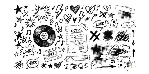 Set of hand drawn music and punk rock doodle sketches with vinyl record and cassette tape ©  creative  marlia