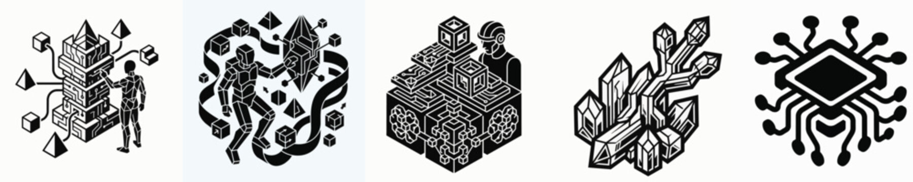 Isometric Enterprise technology concepts featuring artificial intelligence, data processing, and robotic automation systems
