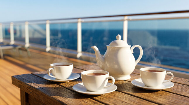 White porcelain tea set on wooden table at cruise ship terrace with blurry ocean horizon background