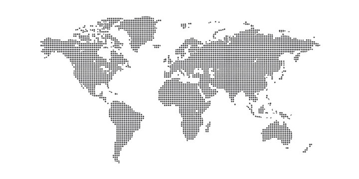 Black dotted world map made of small circles and geometric shapes