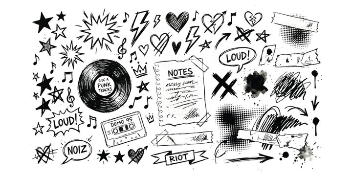 Set of hand drawn music and punk rock doodle sketches with vinyl record and cassette tape