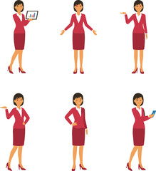 Fototapeta premium Businesswoman Poses in Red Suit with Various Gestures and Tablet Keywords: businesswoman, woman, female, professional, business, suit, red suit, skirt, heels, poses, gestures, holding tablet