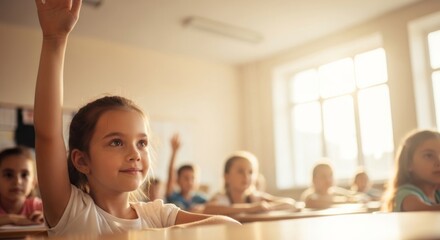 Fototapeta premium Young girl raising hand in bright classroom with sunlight, showing curiosity and eagerness to learn