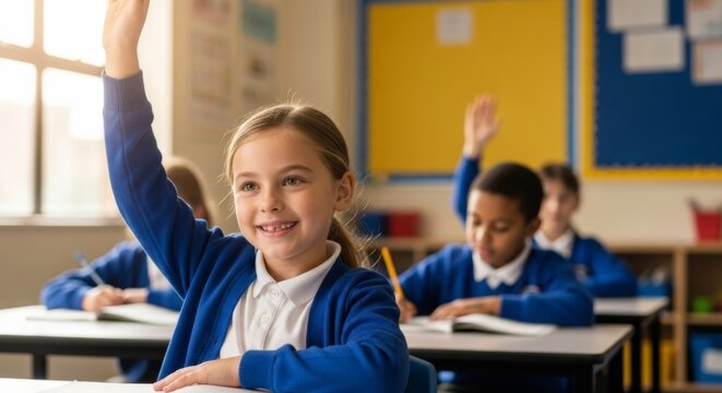 Smiling elementary school girl with raised hand in a bright, modern classroom, eager to participate in lesson. Ample copy space.