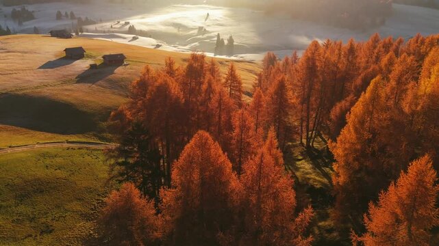 Aerial view of Alpine meadow mountain Plateau in autumn. South Tyrol, Italy