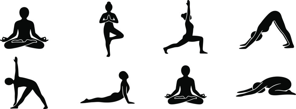 Black silhouettes of people doing various yoga poses