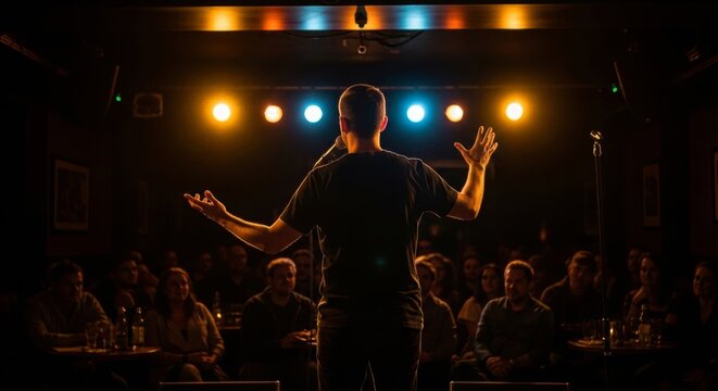 Comedian speaking to a receptive audience in a dimly lit comedy club with warm stage lighting