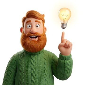 A cheerful cartoon man with a red beard and green sweater pointing to a glowing light bulb isolated on white background