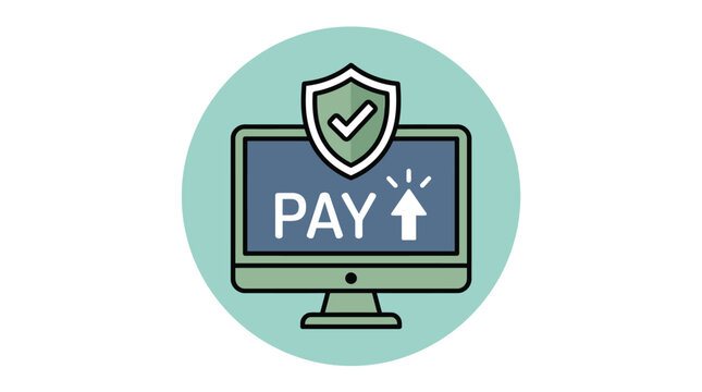 Digital computer monitor screen displaying a secure online payment button with a protective green shield icon