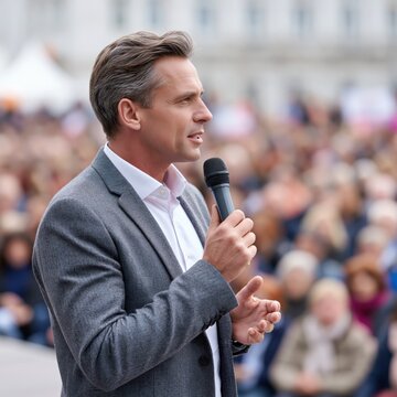 Male politician giving a speech to his followers during an outdoors political rally	
