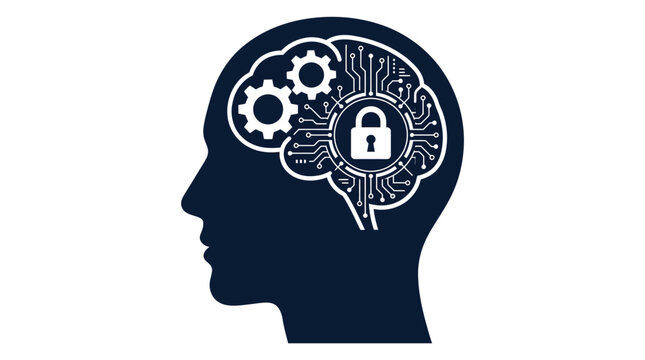 A dark silhouette of a human head featuring integrated electronic circuits with gears and locks