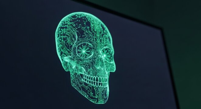 Glowing circuit board skull on dark screen, symbolizing cyber threat and digital security risks