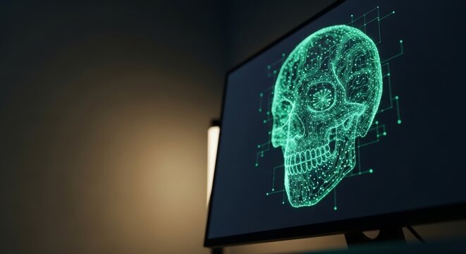 Glowing neon green cyber skull displays complex circuit patterns on a dark computer monitor, evoking themes of digital threat and cybersecurity risks.