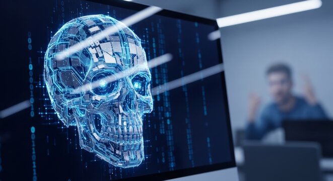 Cybernetic skull on computer screen with binary code and frustrated person in office background, representing AI or cybersecurity concepts