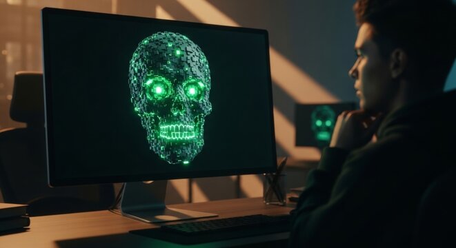 Cyber skull on computer screen with man in shadowy office, representing digital security and technology challenges