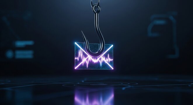 Cybersecurity phishing hook threatening digital email with neon waveform, representing online threats and urgent data risk