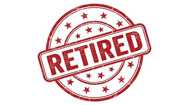 A textured red round stamp featuring the word retired and decorative stars on white paper