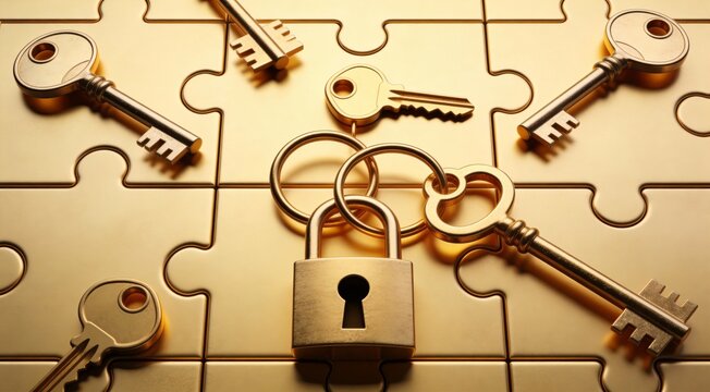 Minimalist line art of abstract keys and locks intertwining, centered puzzle composition, metallic s