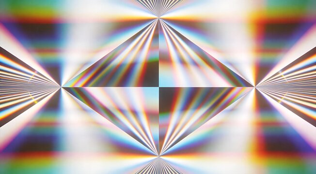 Geometric abstract prisms refracting light in lines, angular centered composition, rainbow soft pris