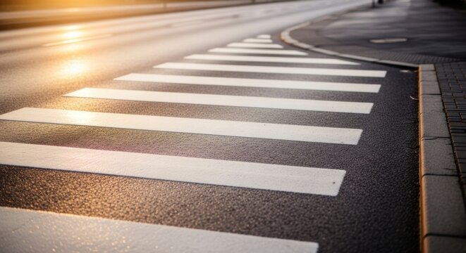 Empty pedestrian zebra crossing on wet asphalt road with golden hour light, symbolizing quiet anticipation and onward journey.