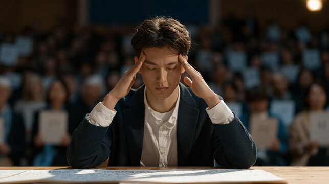 competitive memory athlete seated alone at a bare championship table, eyes closed and fingers pressed to temples, mental palace technique on display before a hushed auditorium