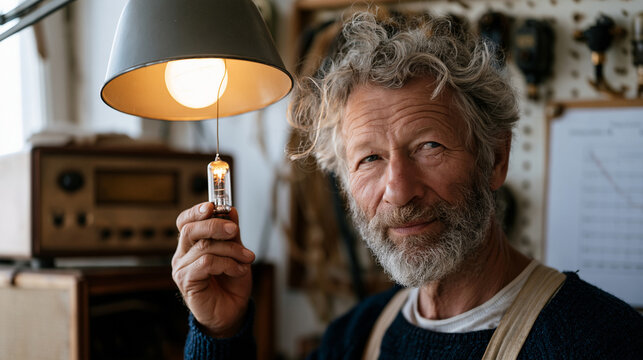 valve radio technician holding a glowing triode tube up to a workshop lamp to check for internal cracks, vintage receiver cabinet open on the bench and a frequency alignment chart