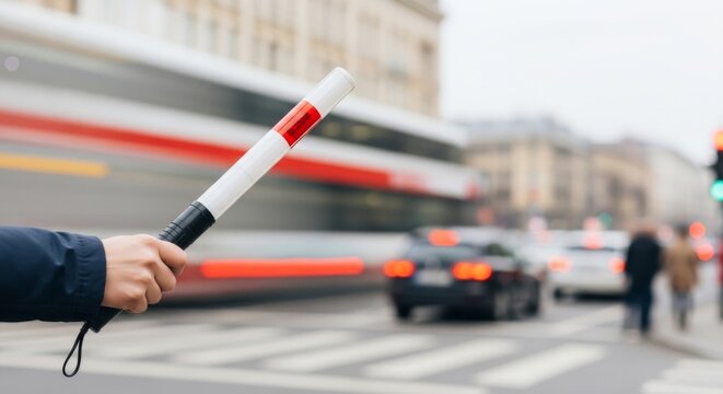 Traffic controller holding baton directing traffic on a busy city street with blurred motion