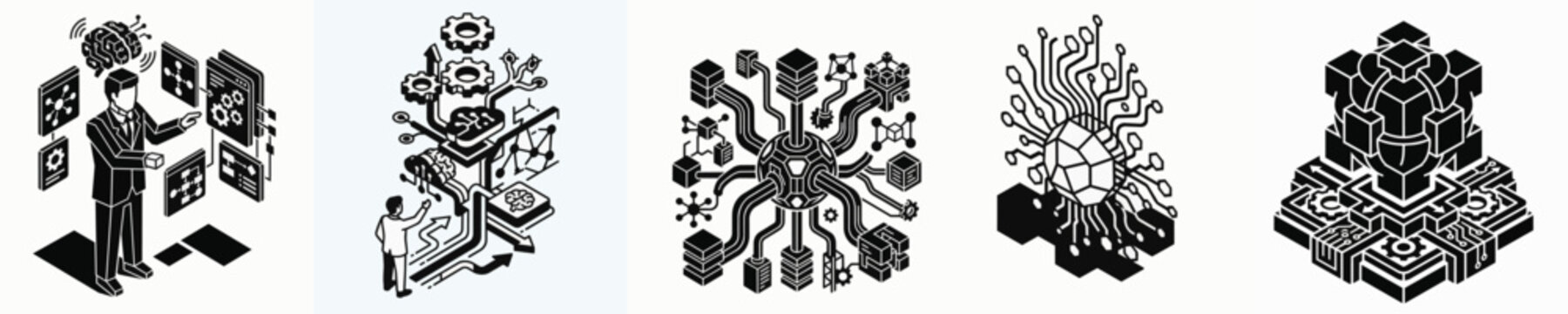 Abstract isometric set of Enterprise technology icons featuring data management systems, cloud computing infrastructure and digital network nodes