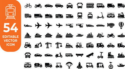 Transportation and Logistics Icon Set with 54 Vehicle Vector Glyphs for Transit, Shipping, and Aviation Design © MS Studio1