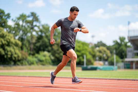 Man checking smart watch while running on athletics track