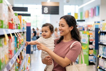 Obraz premium Young mother and baby girl shopping for groceries in a modern supermarket