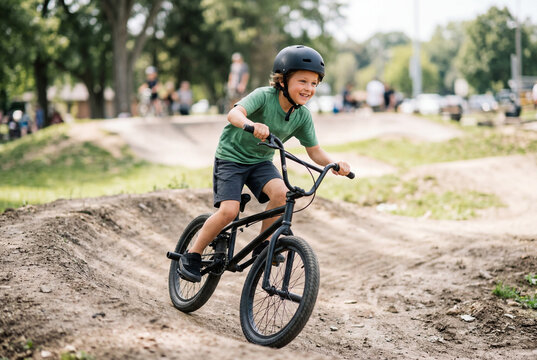 Young boy wearing a helmet and riding a bmx bike on a dirt pump track