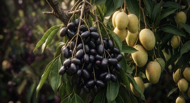 Java Plum Jamun Berry Cluster with Indian Mangoes on Tree Branch in Sunlight