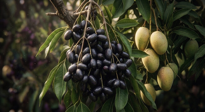 Tropical Black Plum Syzygium Cumini and Raw Mango Growing in Organic Orchard