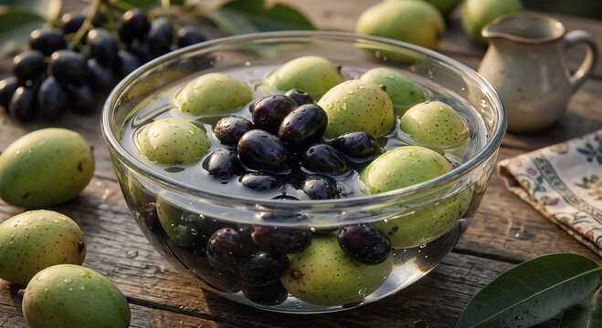 Fresh Jamun Fruit and Small Yellow Mangoes Floating in Glass Water Bowl on Wooden Table
