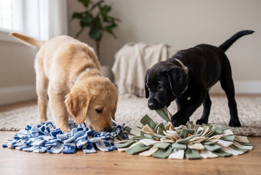 Puppies playing with interactive snuffle mats at home