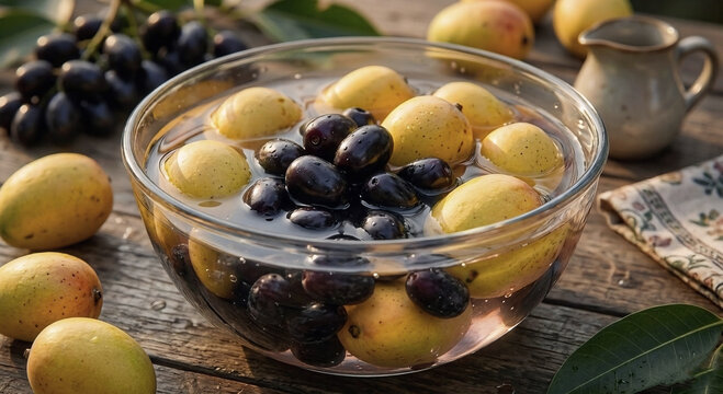 Washing Organic Java Plum and Ripe Mangos in Glass Bowl for Healthy Summer Snack
